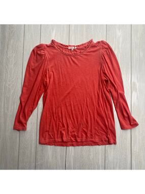 Sundry Coral Red Ruffle Puffed Shoulder Long Sleeve Pima Cotton Top Size Medium